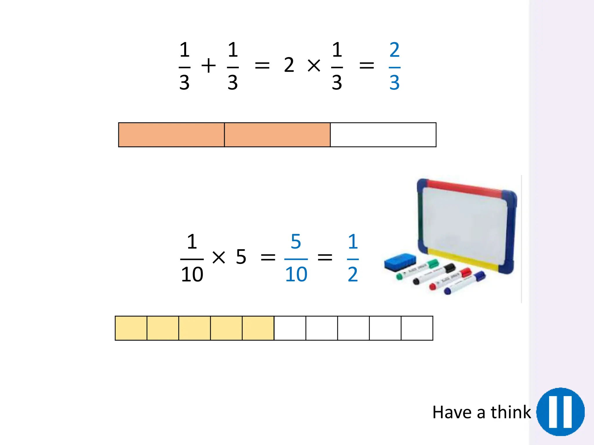 1
3
1
3
+ =
1
3
×
2 =
2
3
Have a think
1
10
× 5 =
5
10
=
1
2
 