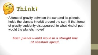 • A force of gravity between the sun and its planets
holds the planets in orbit around the sun. If that force
of gravity suddenly disappeared, in what kind of path
would the planets move?
Each planet would move in a straight line
at constant speed.
 