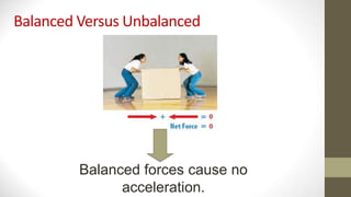 Balanced Versus Unbalanced
Balanced forces cause no
acceleration.
 