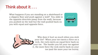 Think about it . . .
What happens if you are standing on a skateboard or
a slippery floor and push against a wall? You slide in
the opposite direction (away from the wall), because
you pushed on the wall but the wall pushed back on
you with equal and opposite force.
Why does it hurt so much when you stub
your toe? When your toe exerts a force on a
rock, the rock exerts an equal force back on
your toe. The harder you hit your toe against
it, the more force the rock exerts back on your
toe (and the more your toe hurts).
 