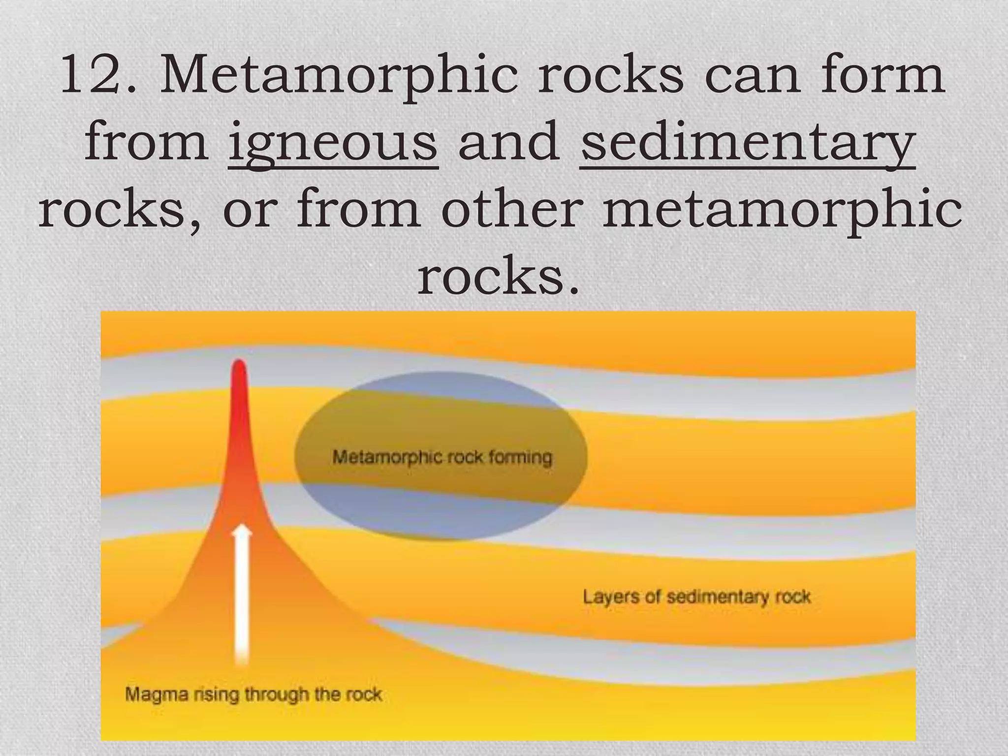 12. Metamorphic rocks can form
from igneous and sedimentary
rocks, or from other metamorphic
rocks.
 