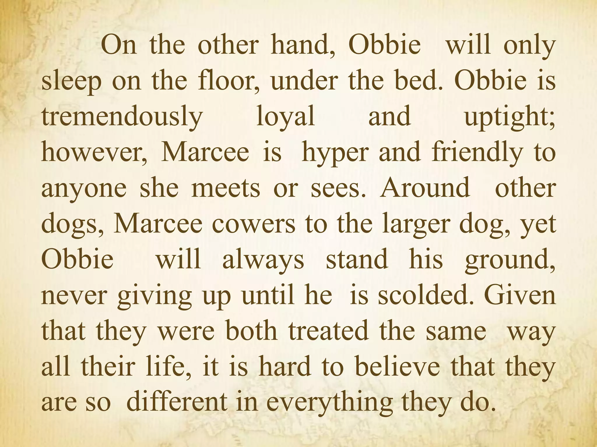 On the other hand, Obbie will only
sleep on the floor, under the bed. Obbie is
tremendously loyal and uptight;
however, Marcee is hyper and friendly to
anyone she meets or sees. Around other
dogs, Marcee cowers to the larger dog, yet
Obbie will always stand his ground,
never giving up until he is scolded. Given
that they were both treated the same way
all their life, it is hard to believe that they
are so different in everything they do.
 