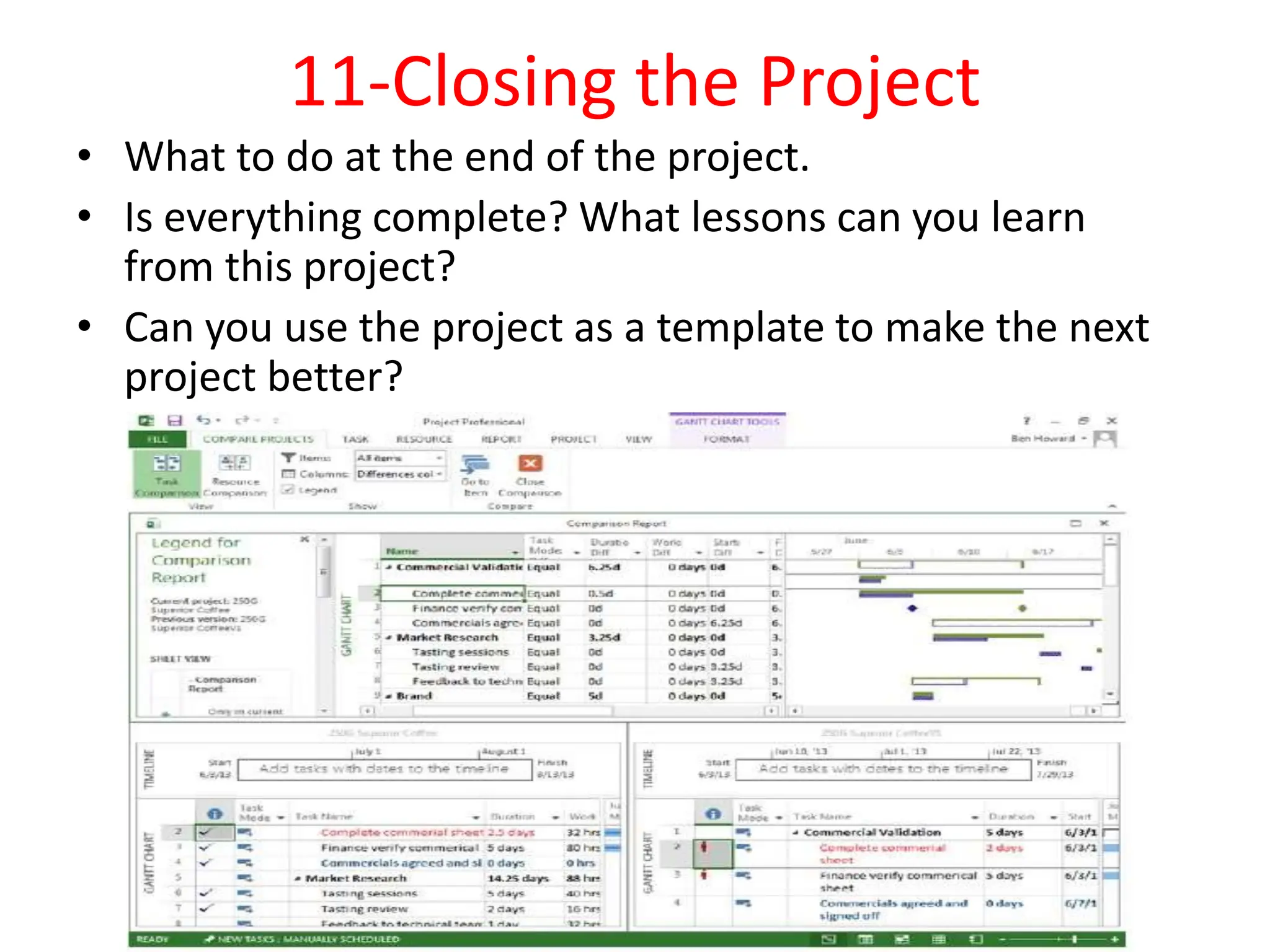 11-Closing the Project
• What to do at the end of the project.
• Is everything complete? What lessons can you learn
from this project?
• Can you use the project as a template to make the next
project better?
 