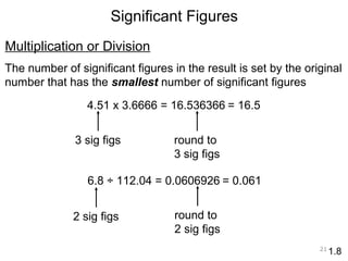 Multiplication or Division 
The number of significant figures in the result is set by the original 
number that has the smallest number of significant figures 
21 
Significant Figures 
1.8 
4.51 x 3.6666 = 16.536366 = 16.5 
3 sig figs round to 
3 sig figs 
6.8 ÷ 112.04 = 0.0606926 
2 sig figs round to 
2 sig figs 
= 0.061 
 