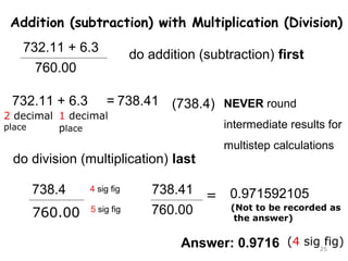 Addition (subtraction) with Multiplication (Division) 
732.11 + 6.3 
(Not to be recorded as 
the answer) 
25 
760.00 
do addition (subtraction) first 
732.11 + 6.3 = 
2 decimal 
place 
1 decimal 
place 
738.41 NEVER round 
intermediate results for 
multistep calculations 
(738.4) 
do division (multiplication) last 
738.4 
760.00 
4 sig fig 
5 sig fig 
738.41 
760.00 
= 0.971592105 
Answer: 0.9716 (4 sig fig) 
 
