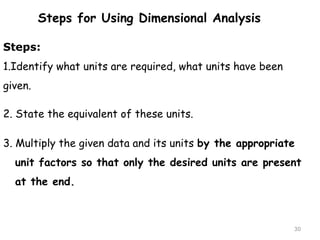 30 
Steps for Using Dimensional Analysis 
Steps: 
1.Identify what units are required, what units have been 
given. 
2. State the equivalent of these units. 
3. Multiply the given data and its units by the appropriate 
unit factors so that only the desired units are present 
at the end. 
 