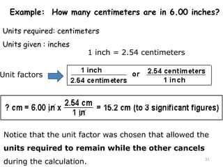 Example: How many centimeters are in 6.00 inches? 
Units required: centimeters 
Units given : inches 
Notice that the unit factor was chosen that allowed the 
units required to remain while the other cancels 
during the calculation. 
31 
1 inch = 2.54 centimeters 
Unit factors 
 