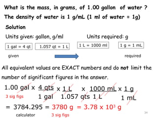 What is the mass, in grams, of 1.00 gallon of water ? 
The density of water is 1 g/mL (1 ml of water = 1g) 
1.057 qt = 1 L 
given required 
All equivalent values are EXACT numbers and do not limit the 
number of significant figures in the answer. 
34 
Solution 
Units given: gallon, g/ml Units required: g 
1 gal = 4 qt 
1.00 gal x 
= 
4 qts 
1 gal 
1 L = 1000 ml 1 g = 1 mL 
x 1 L 
1.057 qts 
x 1000 mL 
1 L 
x 1 g 
3 sig figs 1 mL 
3784.295 = 3.78 x 103 g 
calculator 
= 3780 g 
3 sig figs 
 