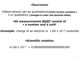 7 
•Observations 
•Observations can be quantitative(wwhhiicchh iinnvvoollvvee nnuummbbeerrss..)) 
• or qualitative (cchhaannggeess iinn ccoolloorr aanndd pphhyyssiiccaall ssttaattee)) 
•All measurements MUST consist of 
• a number and a unit! 
•Example: charge of an electron is 1.60 x 10-19 coulombs 
•Scientific notation 
•1.60 x 10-19 = 0.000000000000000000160 
 