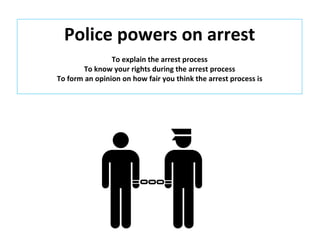 Police powers on arrest
                To explain the arrest process
       To know your rights during the arrest process
To form an opinion on how fair you think the arrest process is
 