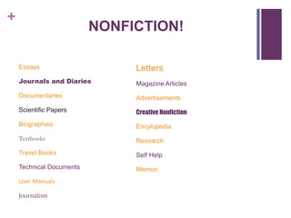 +
                          NONFICTION!

    Essays                     Letters
    Journals and Diaries       Magazine Articles
    Documentaries              Advertisements
    Scientific Papers          Creative Nonfiction
    Biographies                Encylopedia
    Textbooks                  Research
    Travel Books               Self Help
    Technical Documents        Memoir
    User Manuals

    Journalism
 