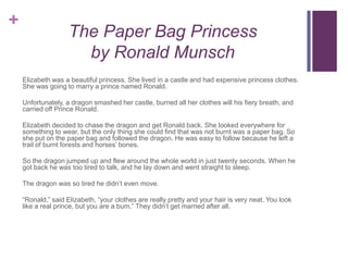 +
                    The Paper Bag Princess
                      by Ronald Munsch
    Elizabeth was a beautiful princess. She lived in a castle and had expensive princess clothes.
    She was going to marry a prince named Ronald.

    Unfortunately, a dragon smashed her castle, burned all her clothes will his fiery breath, and
    carried off Prince Ronald.

    Elizabeth decided to chase the dragon and get Ronald back. She looked everywhere for
    something to wear, but the only thing she could find that was not burnt was a paper bag. So
    she put on the paper bag and followed the dragon. He was easy to follow because he left a
    trail of burnt forests and horses’ bones.

    So the dragon jumped up and flew around the whole world in just twenty seconds. When he
    got back he was too tired to talk, and he lay down and went straight to sleep.

    The dragon was so tired he didn’t even move.

    “Ronald,” said Elizabeth, “your clothes are really pretty and your hair is very neat. You look
    like a real prince, but you are a bum.” They didn’t get married after all.
 