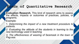 Kinds of Quantitative Research
Evaluation Research. This kind of research aims to assess
the effects, impacts or outcomes of practices, policies, or
programs.
Example:
1. Determining the impact of a new treatment procedure to
patients.
2. Evaluating the attitude of the students in learning to the
new technology used in teaching
3. The effectiveness of wearing of facemask in the town of
Pag-asa.
 