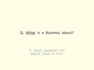 Q. What is a Business about?



    A. Reach Customers and
     Deliver Value to them
 