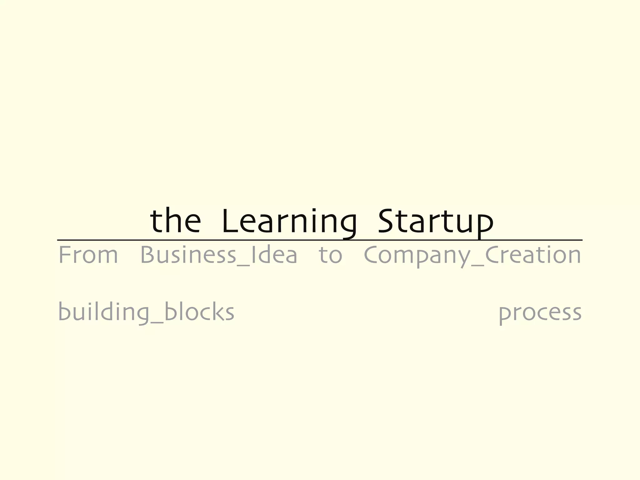 the Learning Startup
From Business_Idea to Company_Creation

building_blocks                process
 