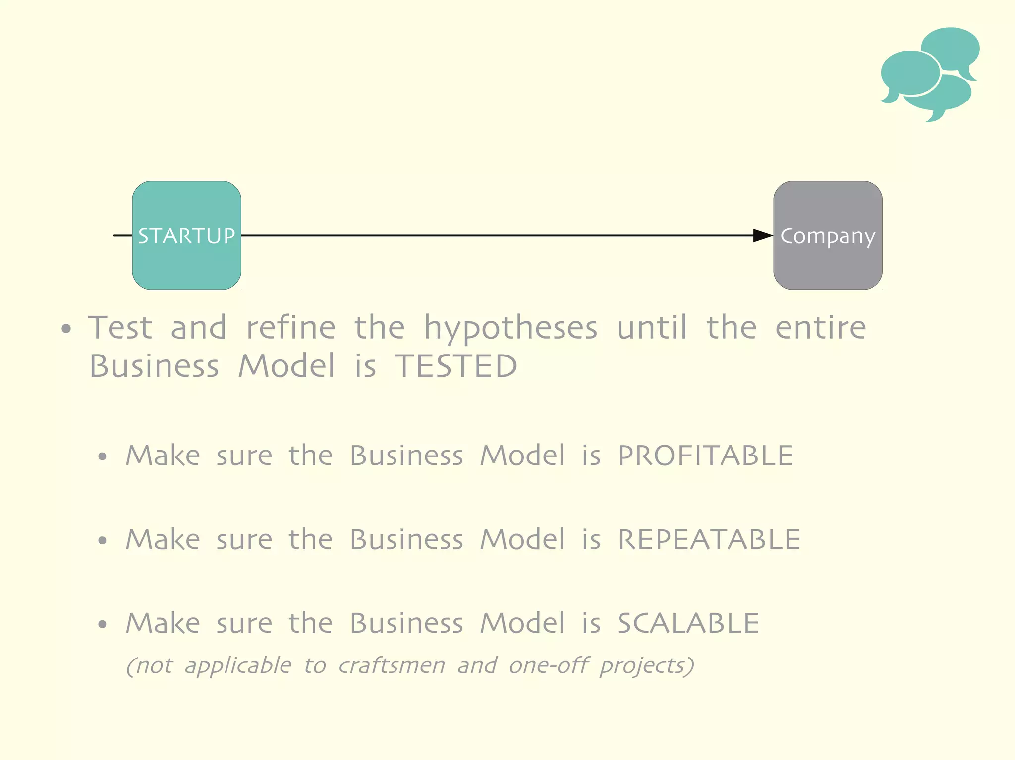 
         STARTUP                                             Company


●   Test and refine the hypotheses until the entire
    Business Model is TESTED

    ●   Make sure the Business Model is PROFITABLE

    ●   Make sure the Business Model is REPEATABLE

    ●   Make sure the Business Model is SCALABLE
        (not applicable to craftsmen and one-off projects)
 