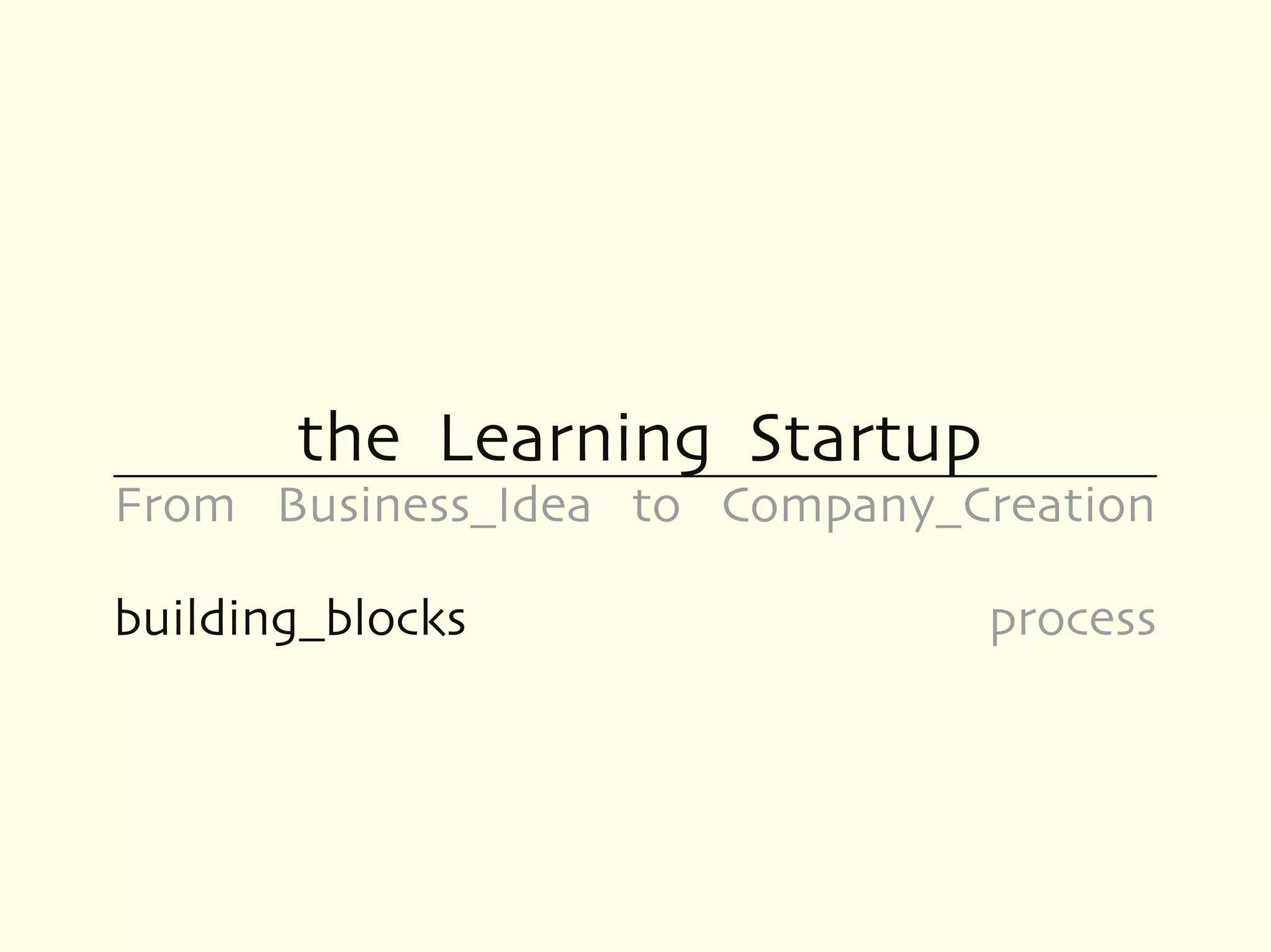 the Learning Startup
From Business_Idea to Company_Creation

building_blocks                process
 