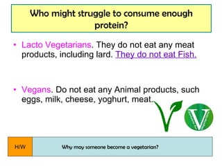 Lacto Vegetarians . They do not eat any meat products, including lard.  They do not eat Fish. Vegans . Do not eat any Animal products, such eggs, milk, cheese, yoghurt, meat. Who might struggle to consume enough protein? Why may someone become a vegetarian? H/W 