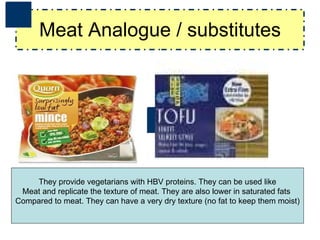 Meat Analogue / substitutes They provide vegetarians with HBV proteins. They can be used like Meat and replicate the texture of meat. They are also lower in saturated fats  Compared to meat. They can have a very dry texture (no fat to keep them moist) 