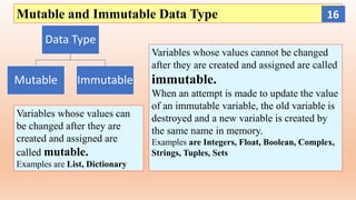 Mutable and Immutable Data Type
Variables whose values can
be changed after they are
created and assigned are
called mutable.
Examples are List, Dictionary
Data Type
Mutable Immutable
Variables whose values cannot be changed
after they are created and assigned are called
immutable.
When an attempt is made to update the value
of an immutable variable, the old variable is
destroyed and a new variable is created by
the same name in memory.
Examples are Integers, Float, Boolean, Complex,
Strings, Tuples, Sets
16
 