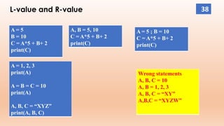 L-value and R-value
A = 5
B = 10
C = A*5 + B+ 2
print(C)
A, B = 5, 10
C = A*5 + B+ 2
print(C)
A = 5 ; B = 10
C = A*5 + B+ 2
print(C)
Wrong statements
A, B, C = 10
A, B = 1, 2, 3
A, B, C = “XY”
A,B,C = “XYZW”
A = 1, 2, 3
print(A)
A = B = C = 10
print(A)
A, B, C = “XYZ”
print(A, B, C)
38
 
