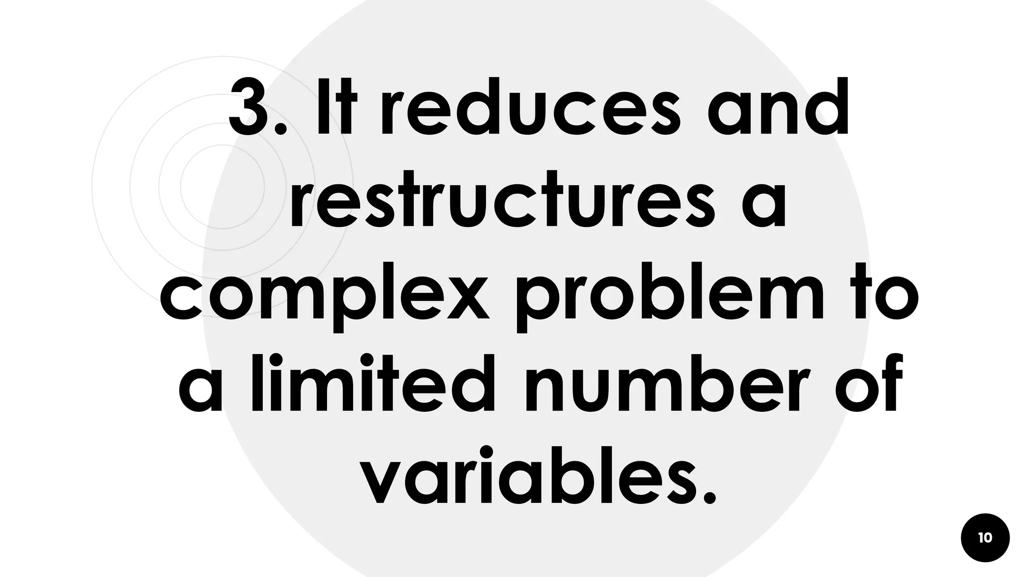 10
3. It reduces and
restructures a
complex problem to
a limited number of
variables.
 