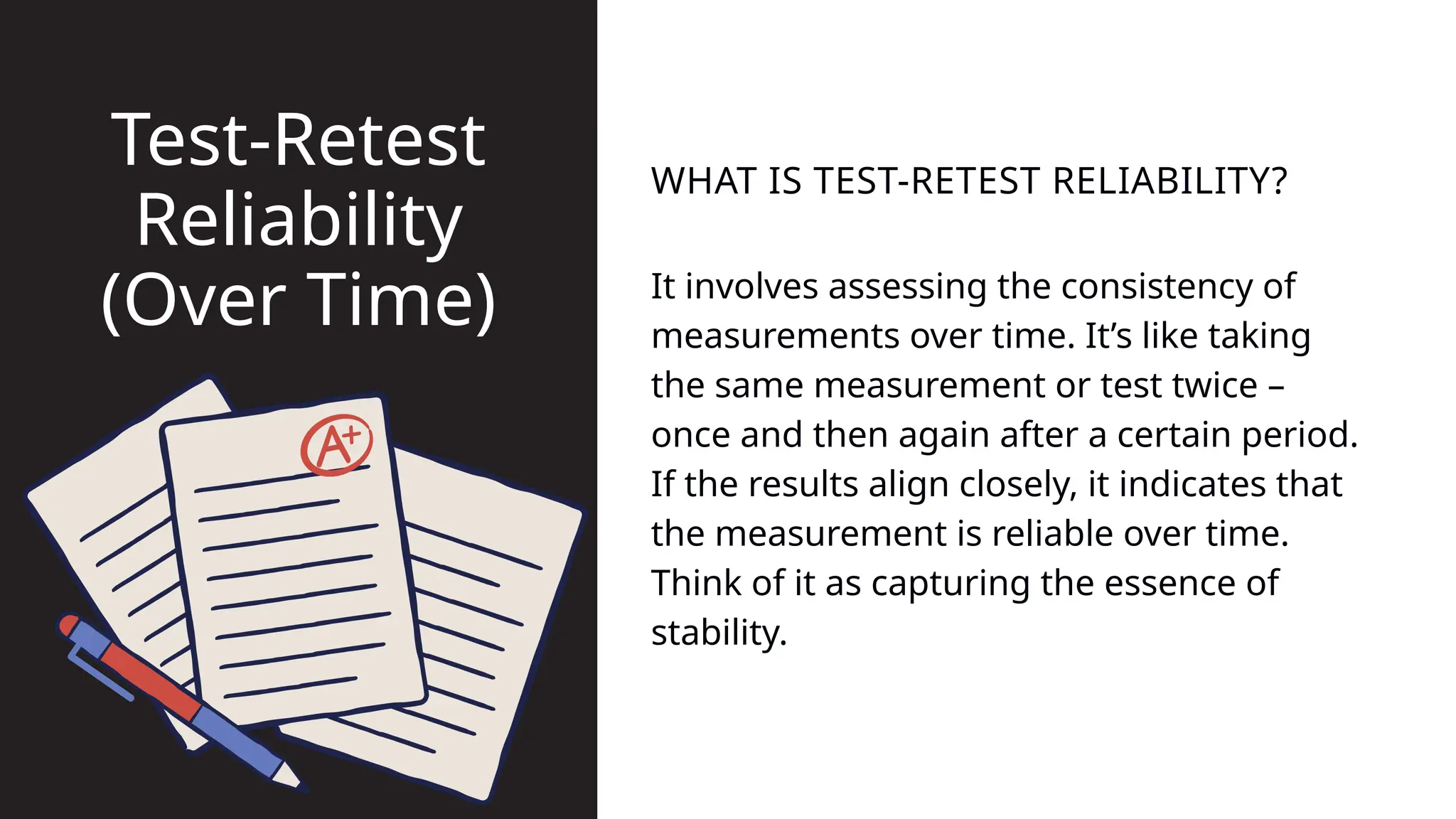 It involves assessing the consistency of
measurements over time. It’s like taking
the same measurement or test twice –
once and then again after a certain period.
If the results align closely, it indicates that
the measurement is reliable over time.
Think of it as capturing the essence of
stability.
WHAT IS TEST-RETEST RELIABILITY?
Test-Retest
Reliability
(Over Time)
 
