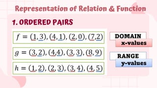 1. ORDERED PAIRS
Representation of Relation & Function
DOMAIN
RANGE
x-values
y-values
 