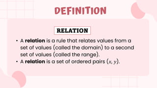 • A relation is a rule that relates values from a
set of values (called the domain) to a second
set of values (called the range).
• A relation is a set of ordered pairs (𝑥, 𝑦).
DEFINITION
RELATION
 
