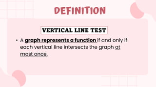 • A graph represents a function if and only if
each vertical line intersects the graph at
most once.
DEFINITION
VERTICAL LINE TEST
 