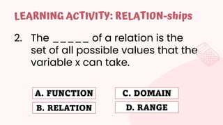 2. The _____ of a relation is the
set of all possible values that the
variable x can take.
LEARNING ACTIVITY: RELATION-ships
A. FUNCTION
B. RELATION
C. DOMAIN
D. RANGE
 