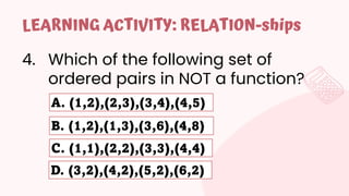 4. Which of the following set of
ordered pairs in NOT a function?
LEARNING ACTIVITY: RELATION-ships
A. (1,2),(2,3),(3,4),(4,5)
B. (1,2),(1,3),(3,6),(4,8)
C. (1,1),(2,2),(3,3),(4,4)
D. (3,2),(4,2),(5,2),(6,2)
 