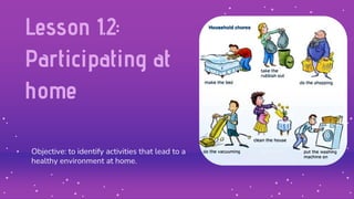 Lesson 1.2:
Participating at
home
Objective: to identify activities that lead to a
healthy environment at home.
 