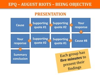 EPQ – AUGUST RIOTS – BEING OBJECTIVE

               PRESENTATION
              Supporting   Supporting     Your
   Cause
               quote #1     quote #2    response


    Your      Supporting   Supporting   Cause #8
  response     quote #2     quote #1


  Summary
 conclusion
 