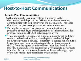 Host-to-Host Communications
Peer-to-Peer Communication
So that data packets can travel from the source to the
destination, each layer of the OSI model at the source must
communicate with its peer layer at the destination. This topic
describes the process of peer-to-peer communication.
During the process of peer-to-peer communication, the
protocols at each layer exchange packets of information called
protocol data units (PDUs) between peer layers.
These data packets originate at a source on a network and then
travel to a destination. Each layer depends on the OSI layer
below it to provide a service. To perform its service function, the
lower layer uses encapsulation to put the protocol data unit
(PDU) from the upper layer into lower layer data field. Each
layer then adds whatever headers the layer needs to perform its
function. As the data moves down from Layer 7 through Layer 2
of the OSI model, additional headers are added.
08/02/13
Instructional Design-Computer Networking -
Bridges Educational Group
 