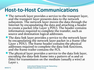 Host-to-Host Communications
The network layer provides a service to the transport layer,
and the transport layer presents data to the network
subsystem. The network layer moves the data through the
Internet by encapsulating the data and attaching a header
to create a packet (the Layer 3 PDU). The header contains
information required to complete the transfer, such as
source and destination logical addresses.
The data link layer provides a service to the network layer
by encapsulating the network layer packet in a frame (the
Layer 2 PDU). The frame header contains the physical
addresses required to complete the data link functions,
and the frame trailer contains the FCS.
The physical layer provides a service to the data link layer,
encoding the data-link frame into a pattern of 1s and 0s
(bits) for transmission on the medium (usually a wire) at
Layer 1.
08/02/13
Instructional Design-Computer Networking -
Bridges Educational Group
 