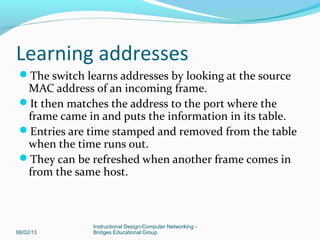 Learning addresses
The switch learns addresses by looking at the source
MAC address of an incoming frame.
It then matches the address to the port where the
frame came in and puts the information in its table.
Entries are time stamped and removed from the table
when the time runs out.
They can be refreshed when another frame comes in
from the same host.
08/02/13
Instructional Design-Computer Networking -
Bridges Educational Group
 