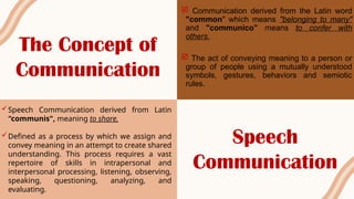 The Concept of
Communication
Speech
Communication
Speech Communication derived from Latin
"communis", meaning to share.
Defined as a process by which we assign and
convey meaning in an attempt to create shared
understanding. This process requires a vast
repertoire of skills in intrapersonal and
interpersonal processing, listening, observing,
speaking, questioning, analyzing, and
evaluating.
 Communication derived from the Latin word
"common" which means "belonging to many"
and "communico” means to confer with
others.
 The act of conveying meaning to a person or
group of people using a mutually understood
symbols, gestures, behaviors and semiotic
rules.
 