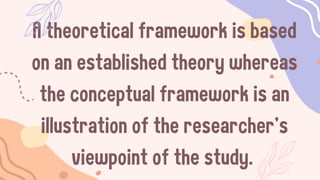 A theoretical framework is based
on an established theory whereas
the conceptual framework is an
illustration of the researcher’s
viewpoint of the study.
 