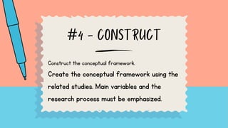#4 - CONSTRUCT
Construct the conceptual framework.
Create the conceptual framework using the
related studies. Main variables and the
research process must be emphasized.
 