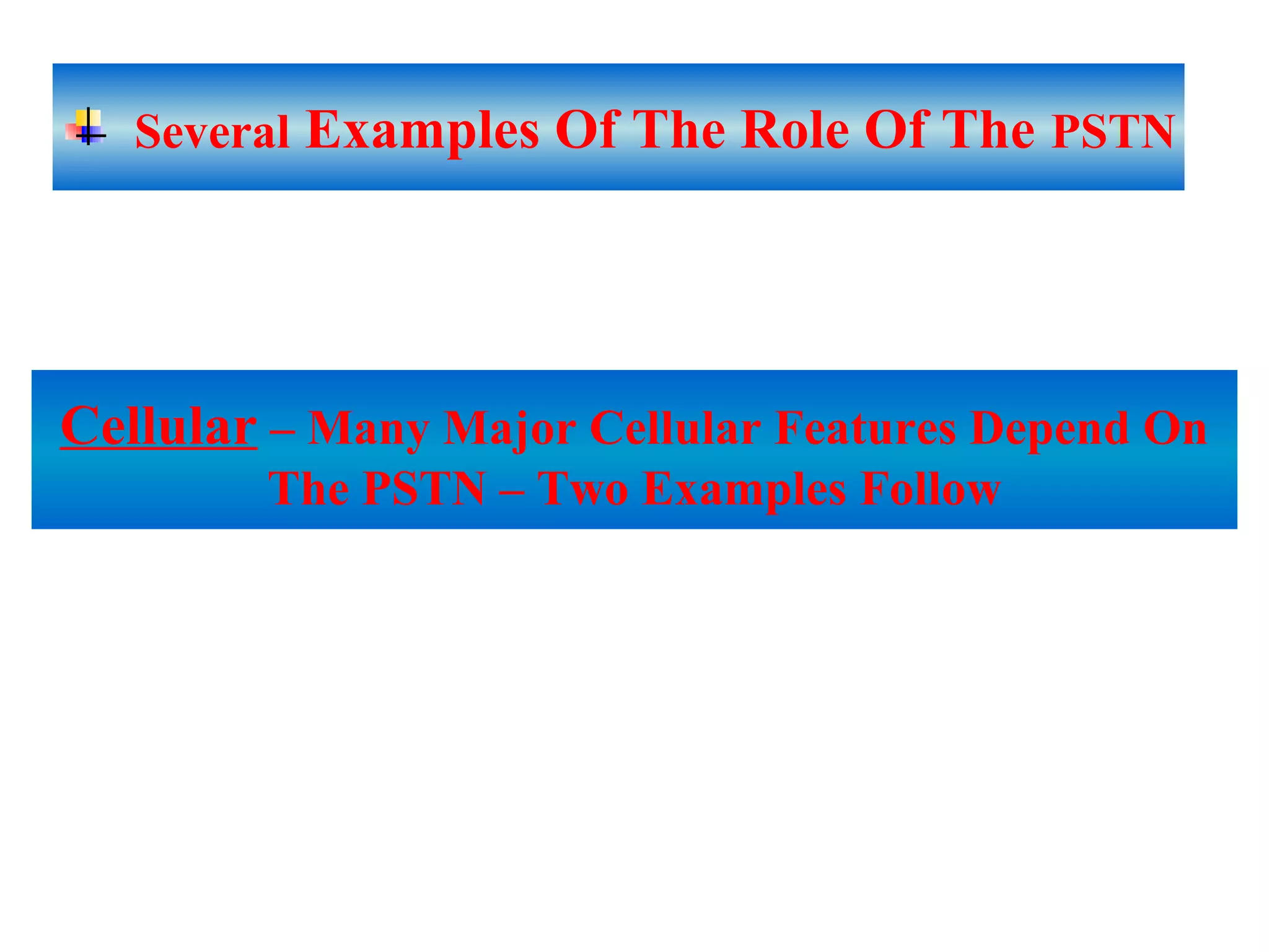 Cellular – Many Major Cellular Features Depend On
The PSTN – Two Examples Follow
Several Examples Of The Role Of The PSTN
 