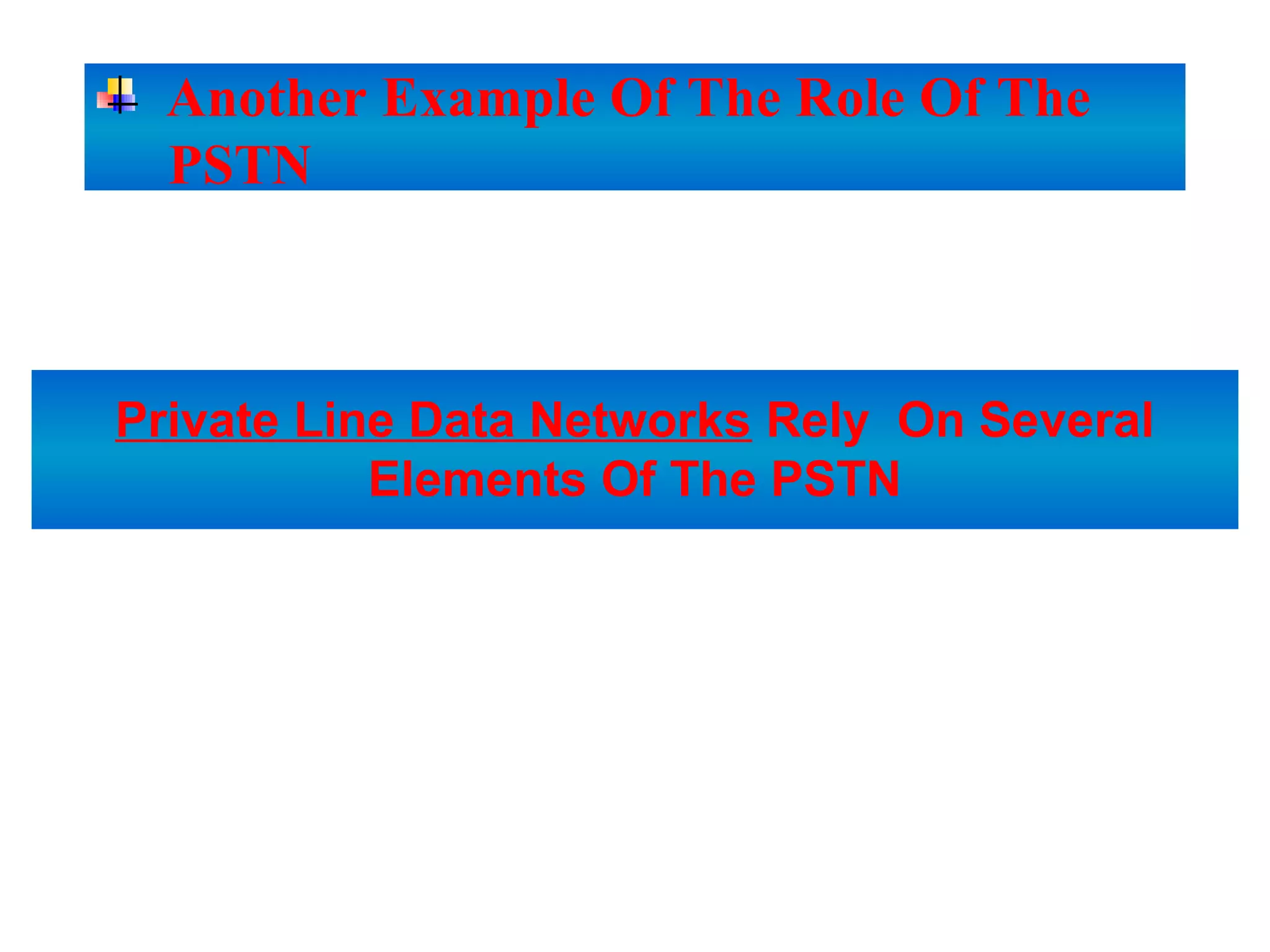 Private Line Data Networks Rely On Several
Elements Of The PSTN
Another Example Of The Role Of The
PSTN
 