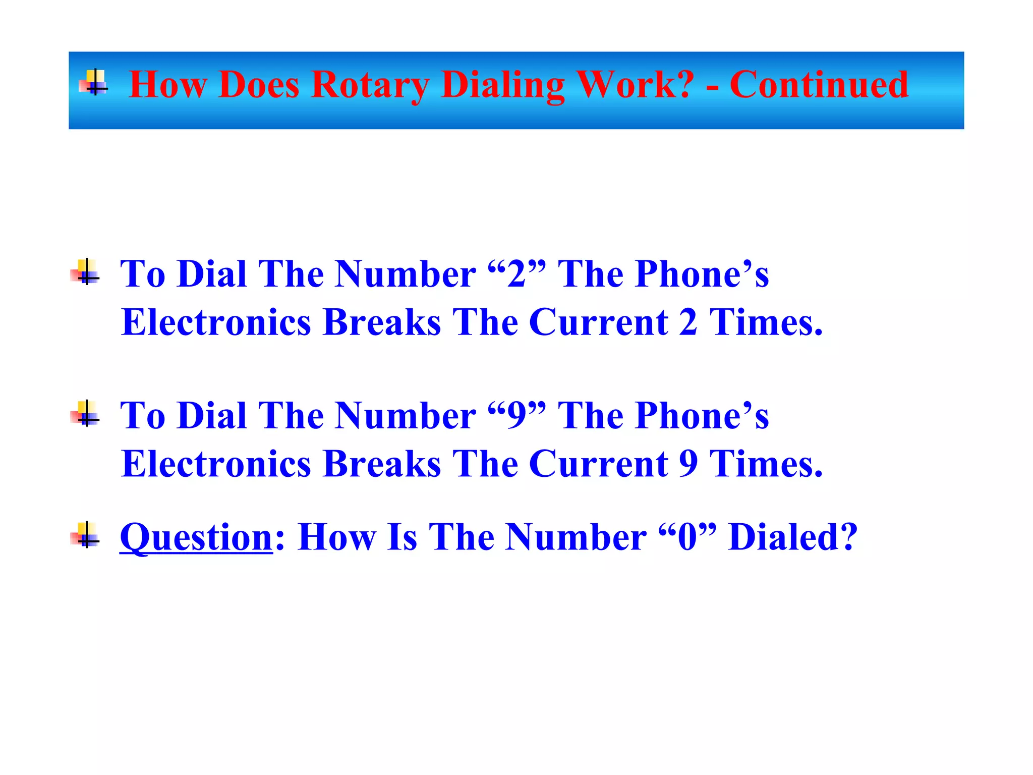 To Dial The Number “2” The Phone’s
Electronics Breaks The Current 2 Times.
To Dial The Number “9” The Phone’s
Electronics Breaks The Current 9 Times.
Question: How Is The Number “0” Dialed?
How Does Rotary Dialing Work? - Continued
 