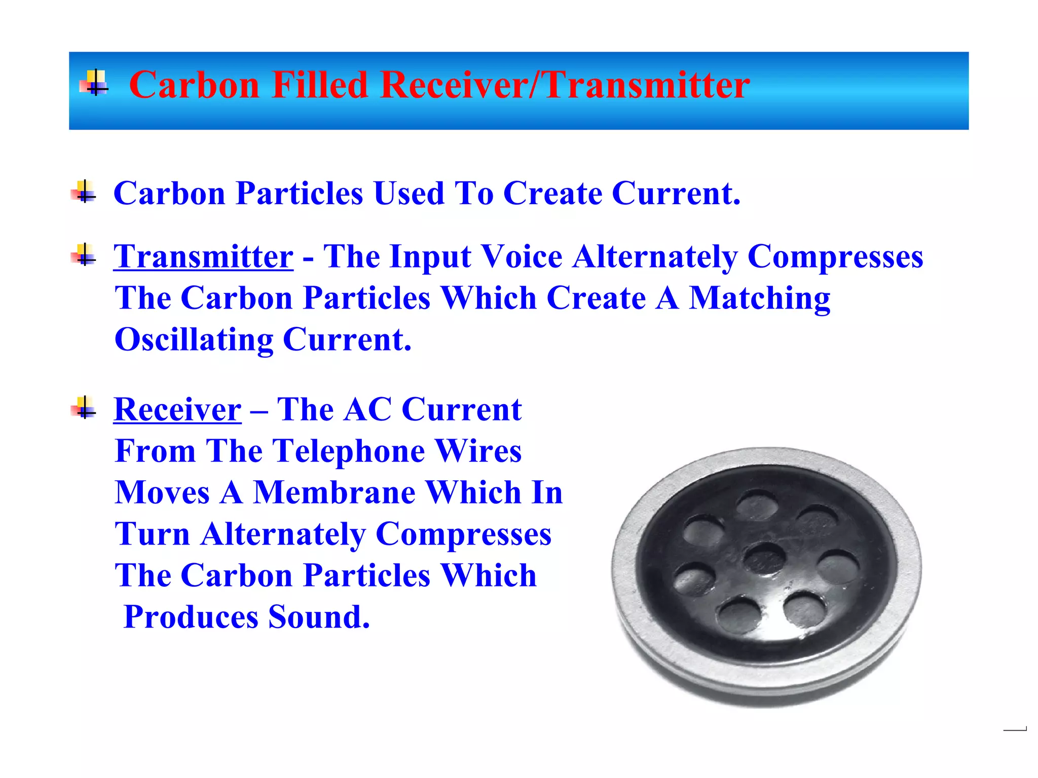Carbon Filled Receiver/Transmitter
Carbon Particles Used To Create Current.
Transmitter - The Input Voice Alternately Compresses
The Carbon Particles Which Create A Matching
Oscillating Current.
Receiver – The AC Current
From The Telephone Wires
Moves A Membrane Which In
Turn Alternately Compresses
The Carbon Particles Which
Produces Sound.
 