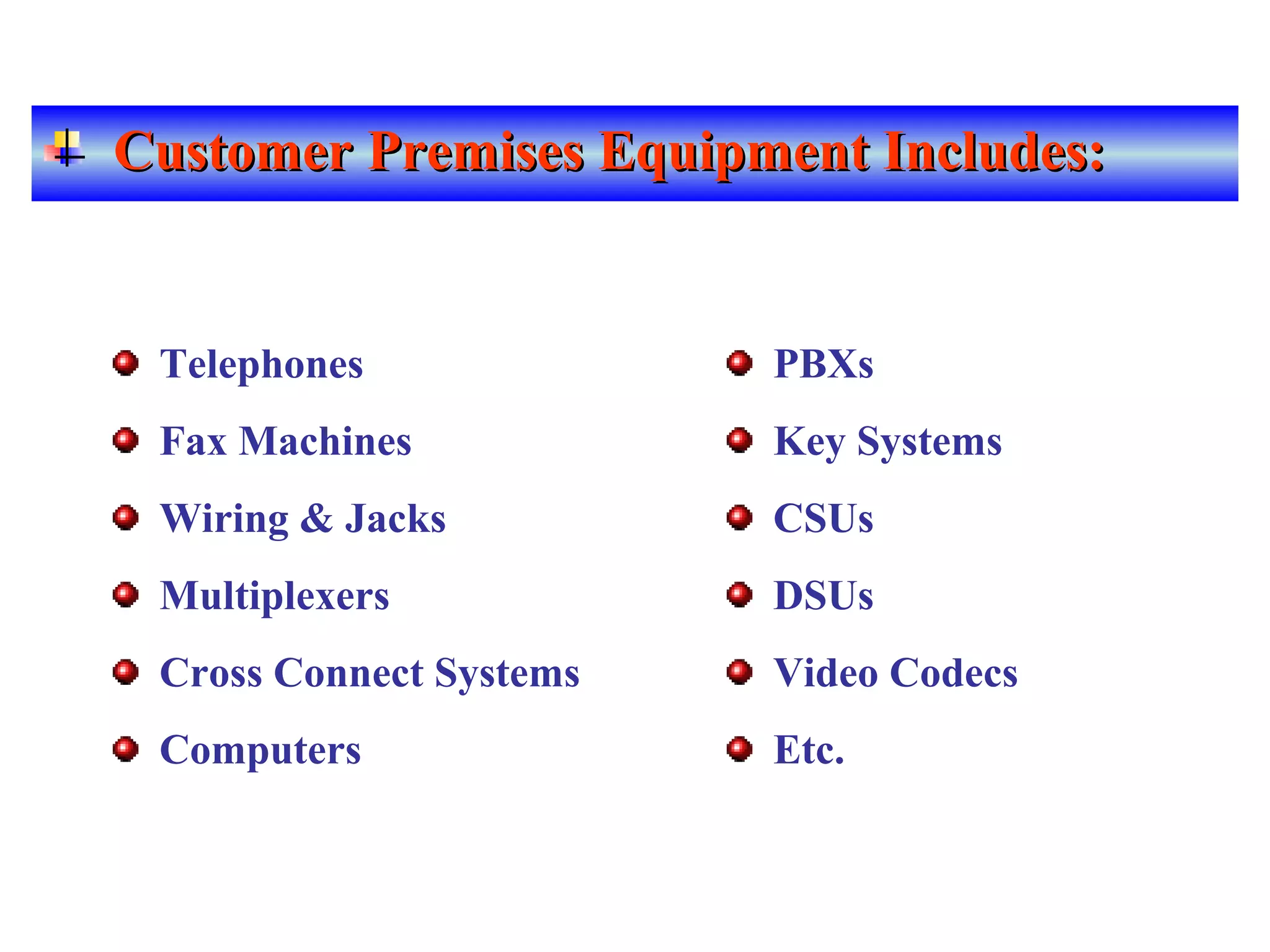 Customer Premises Equipment Includes:Customer Premises Equipment Includes:
Telephones
Fax Machines
Wiring & Jacks
Multiplexers
Cross Connect Systems
Computers
PBXs
Key Systems
CSUs
DSUs
Video Codecs
Etc.
 