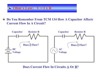 DC
Voltage
Resistor R
Do You Remember From TCM 134 How A Capacitor Affects
Current Flow In A Circuit?
Does I Flow?
Does Current Flow In Circuits A Or B?
Capacitor
AC
Voltage
Resistor RCapacitor
Does I Flow?
Ohm’s Law: V = I x R
 