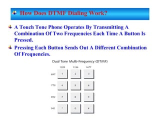 A Touch Tone Phone Operates By Transmitting A
Combination Of Two Frequencies Each Time A Button Is
Pressed.
Pressing Each Button Sends Out A Different Combination
Of Frequencies.
How Does DTMF Dialing Work?
 