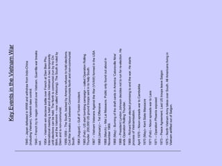 1945 – Japan defeated in WWII and withdraw from Indo-China (including Vietnam). Vietminh take control. 1945 – French try to regain control over Vietnam. Guerrilla war breaks out. 1954 – Vietminh win decisive battle over French at Dien Bien Phu. International meeting is held and divides Vietnam in two temporarily until elections can be held. The North is communist (run by Ho Chi Minh, and the Vietminh – now called Vietcong). The South is ruled by Diem and is non-communist. 1956-1959 – The South, backed by America refuses to hold elections. Civil War breaks out between Communists North and non-communist South. 1964 (August) – Gulf of Tonkin Incident.  1965 (Feb) - US start bombing campaign – called Operation Rolling Thunder. 200,000 US ground troops sent in to help South. 1967 – Vietnam Veterans Against the War (VVAW) formed in the USA 1968 (January) – Tet Offensive 1968 (March) – Mai Lai Massacre. Public only found out about in November 1969. 1968 (May) - Burning of the draft cards in America ‘Catonsville Nine’ 1968 – President Lyndon Johnson decides not to run for re-election. He ends Operation Rolling Thunder. 1969 – Richard Nixon elected promising to end the war. He starts process of Vietnamisation.  April 1970 – Nixon spreads war to Camboldia 1970 (May)– Kent State Massacre 1971 (Feb) – Nixon spreads war to Laos 1971 – Operation Phoenix exposed 1973 – Peace Agreement. Last US troops leave Saigon 1975 – North Vietnam Army takes over South. All Americans living in Vietnam airlifted out of Saigon. Key Events in the Vietnam War 
