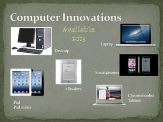 Desktop
Laptop
iPad
iPad minis
Smartphones
eReaders
Chromebooks/
Tablets
 