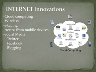 -Cloud computing
-Wireless
-Skyping
-Access from mobile devices
-Social Media
Twitter
Facebook
Blogging
 